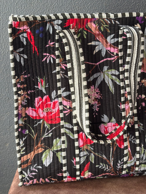 Black Floral Bird Print Quilted Tote Bag