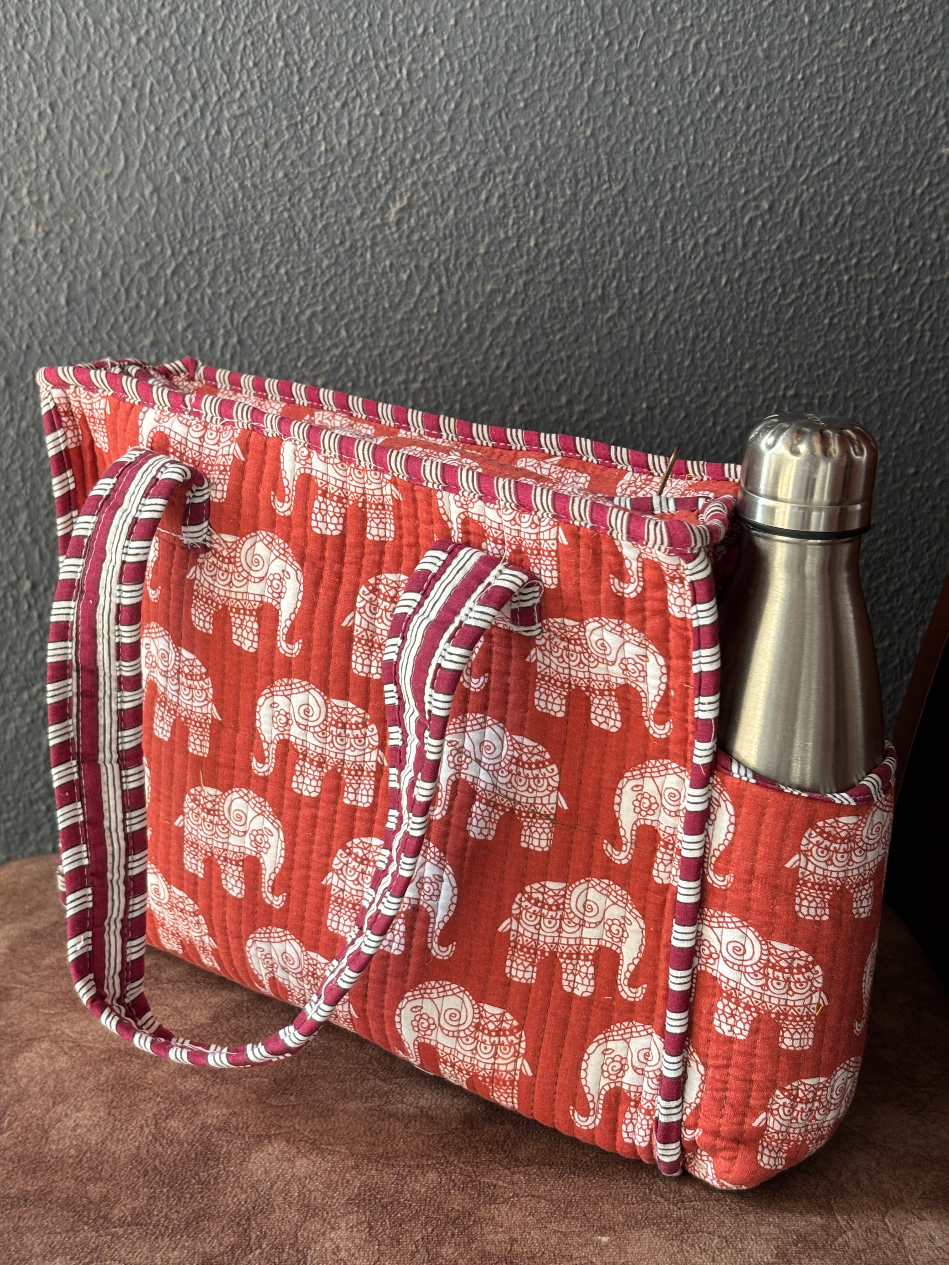 Rust Elephant Parade Quilted Tote