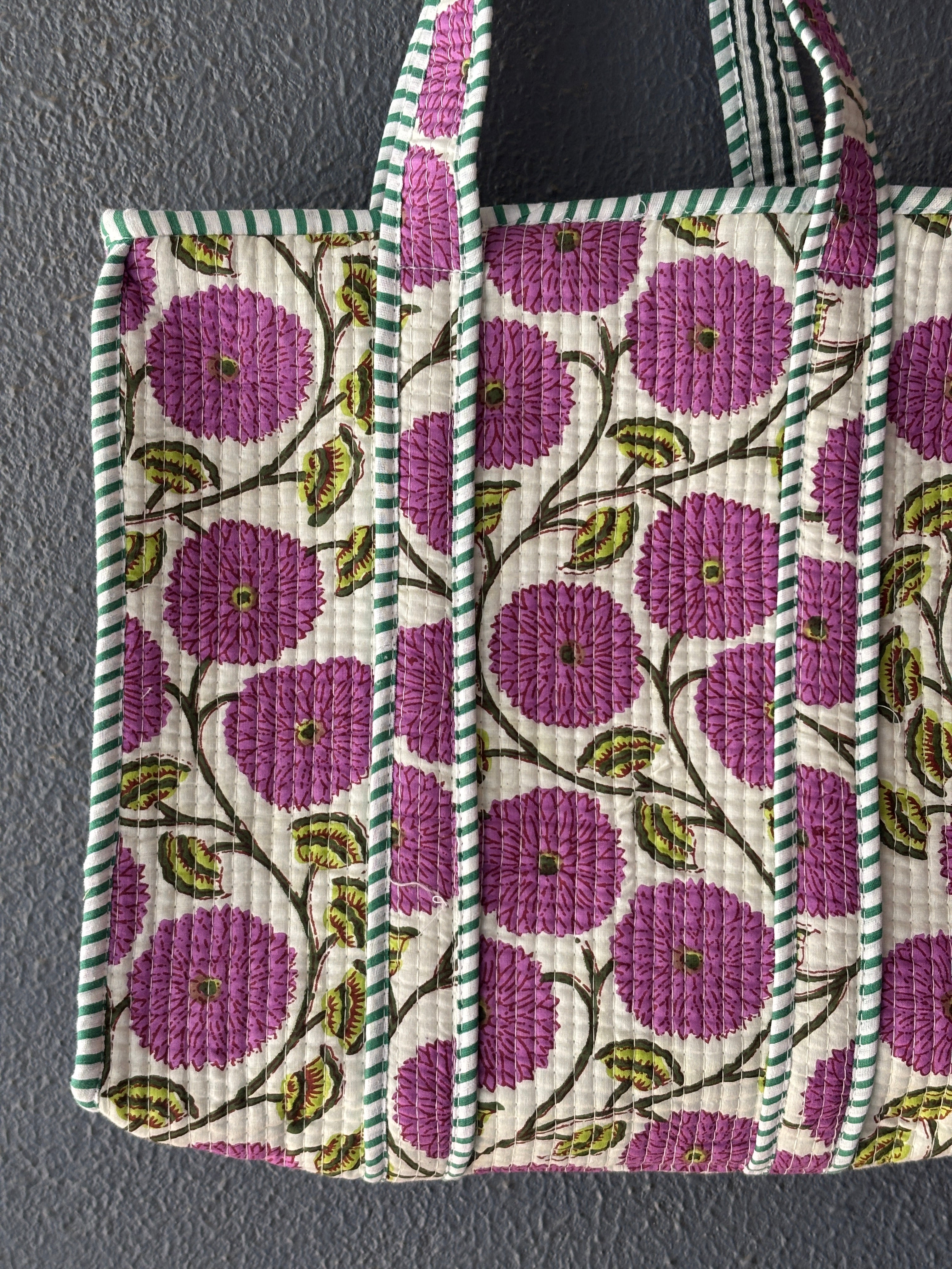 Orchid Zinnia Quilted Tote Bag