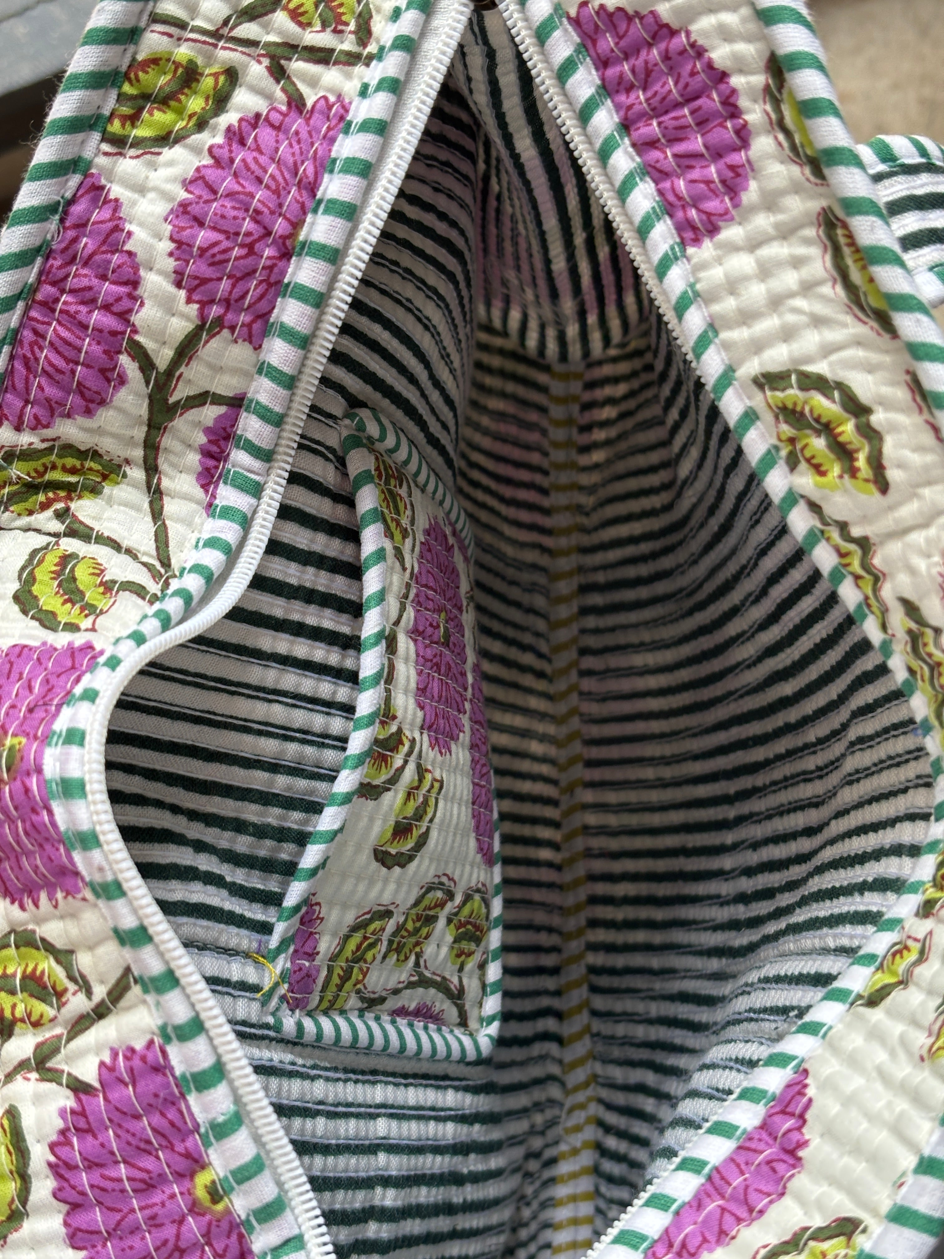 Orchid Zinnia Quilted Tote Bag