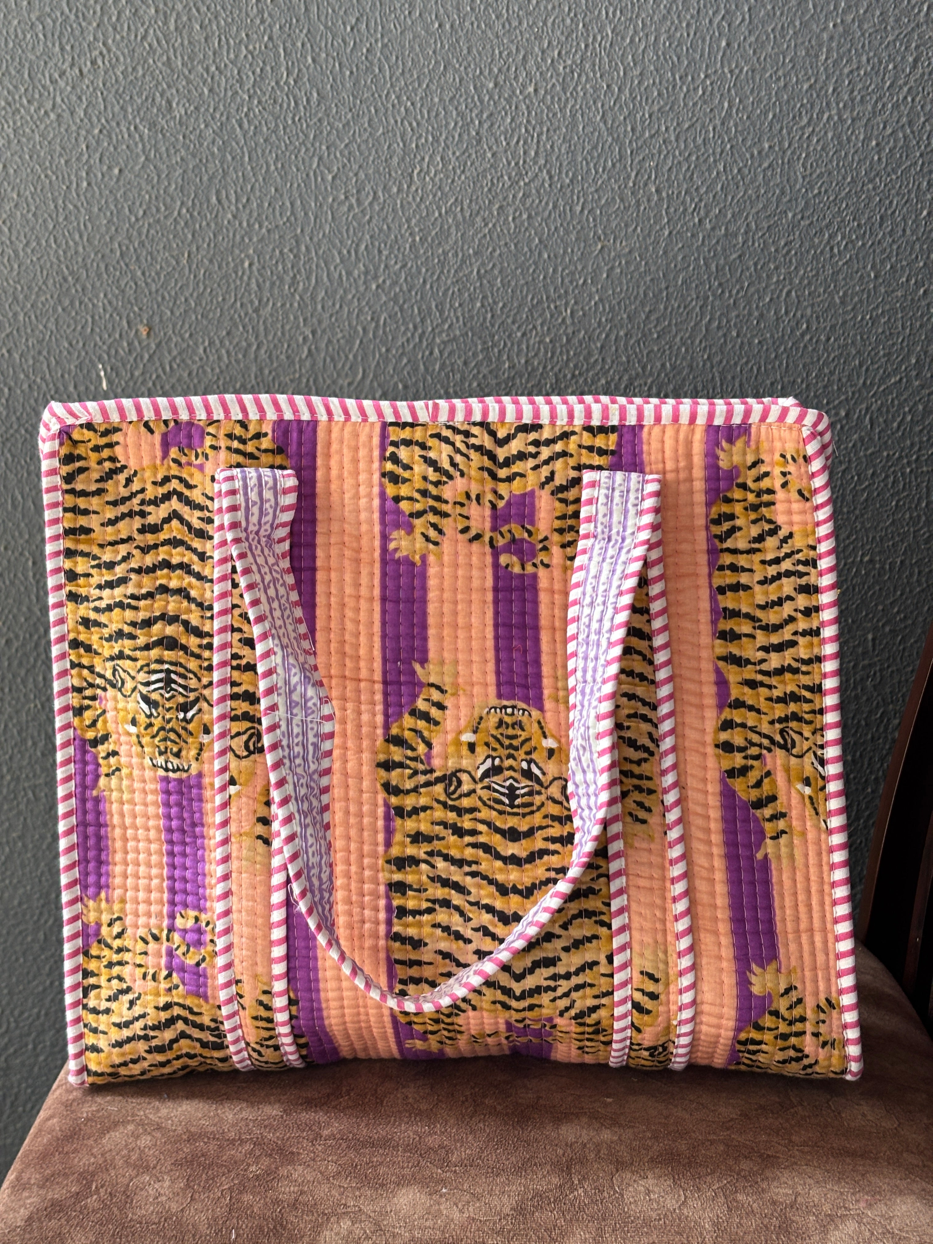 Peach Tiger Quilted Tote Bag