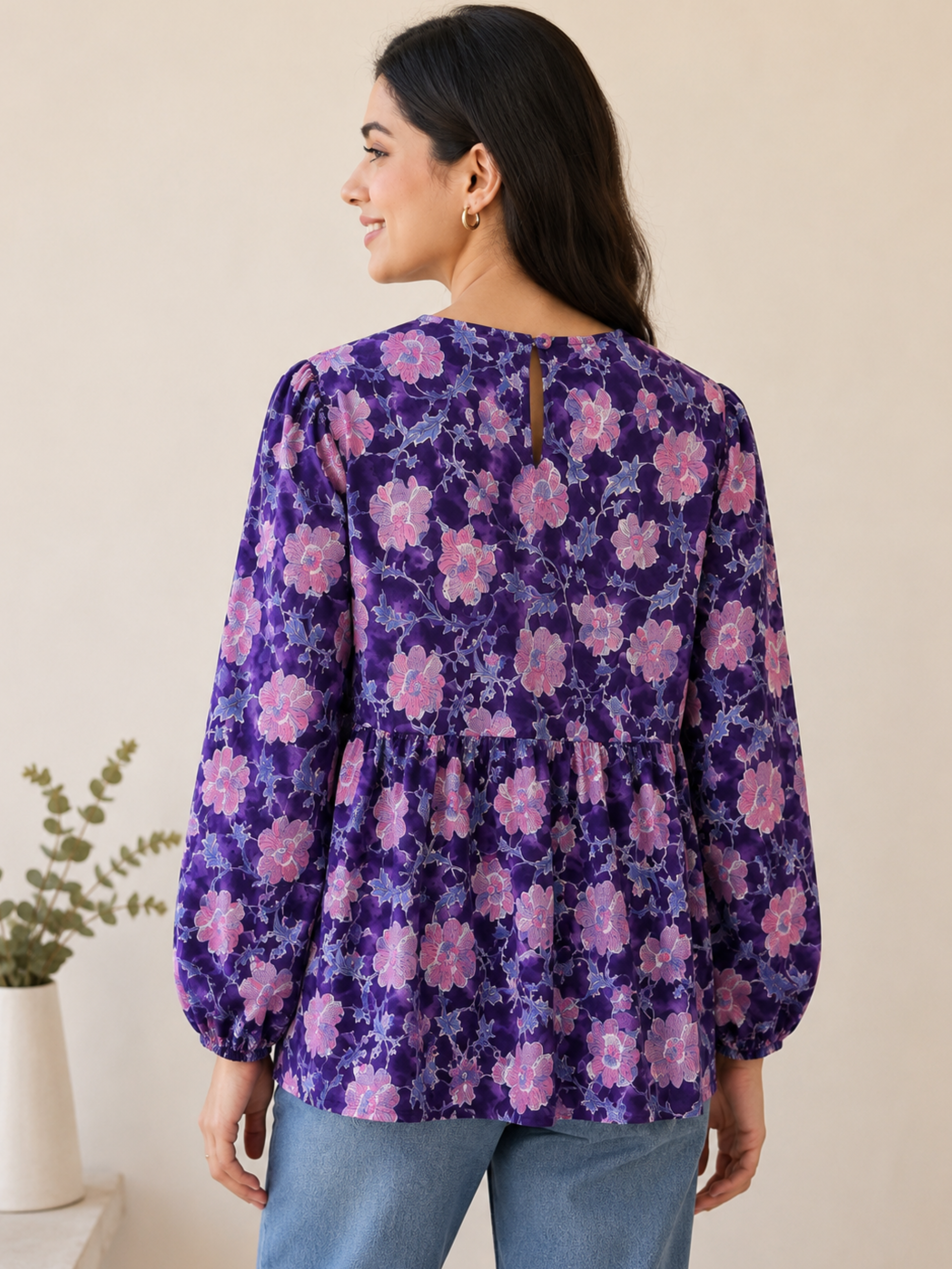 Amethyst Bloom Block Print Peplum Top