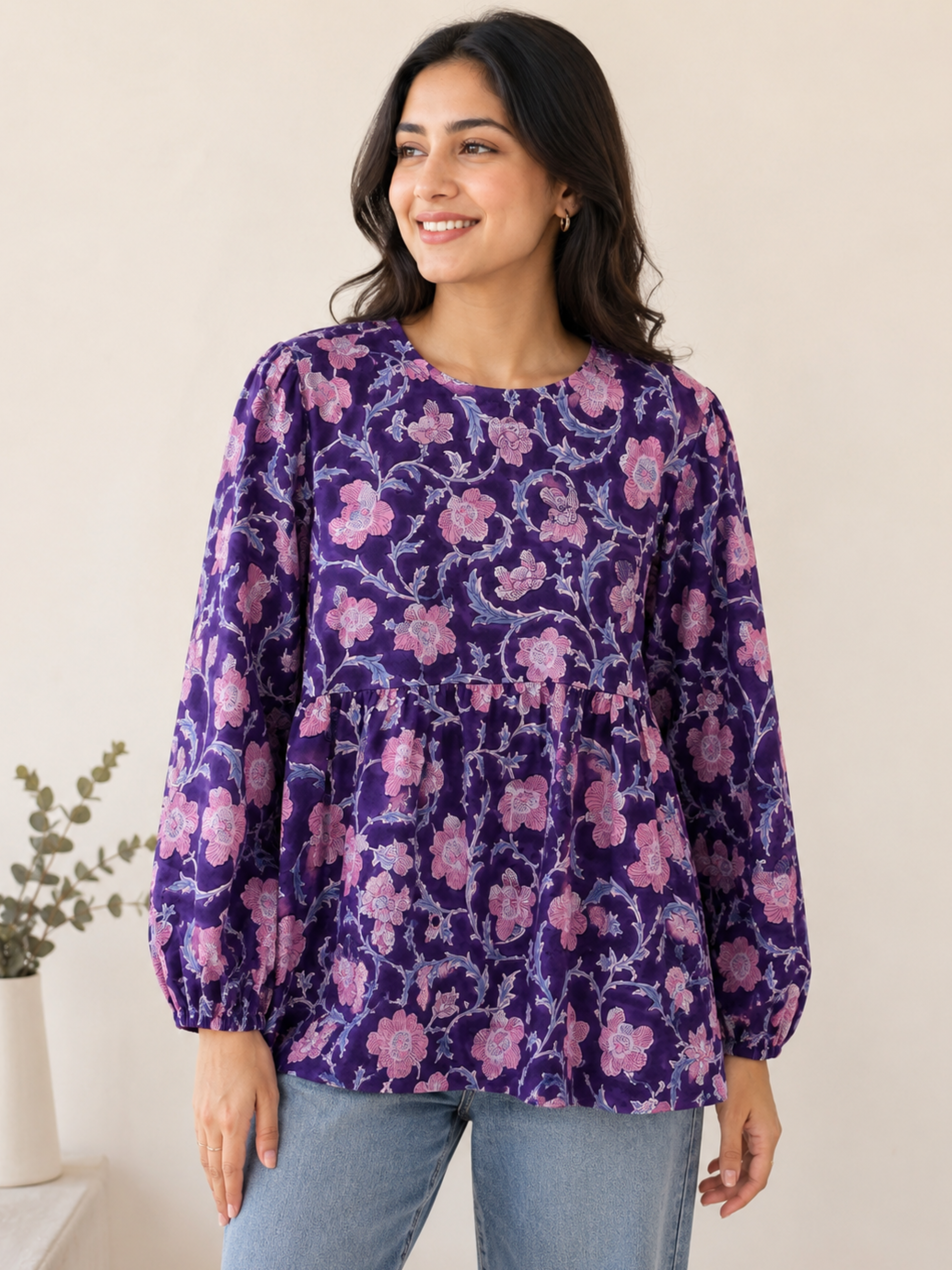 Amethyst Bloom Block Print Peplum Top