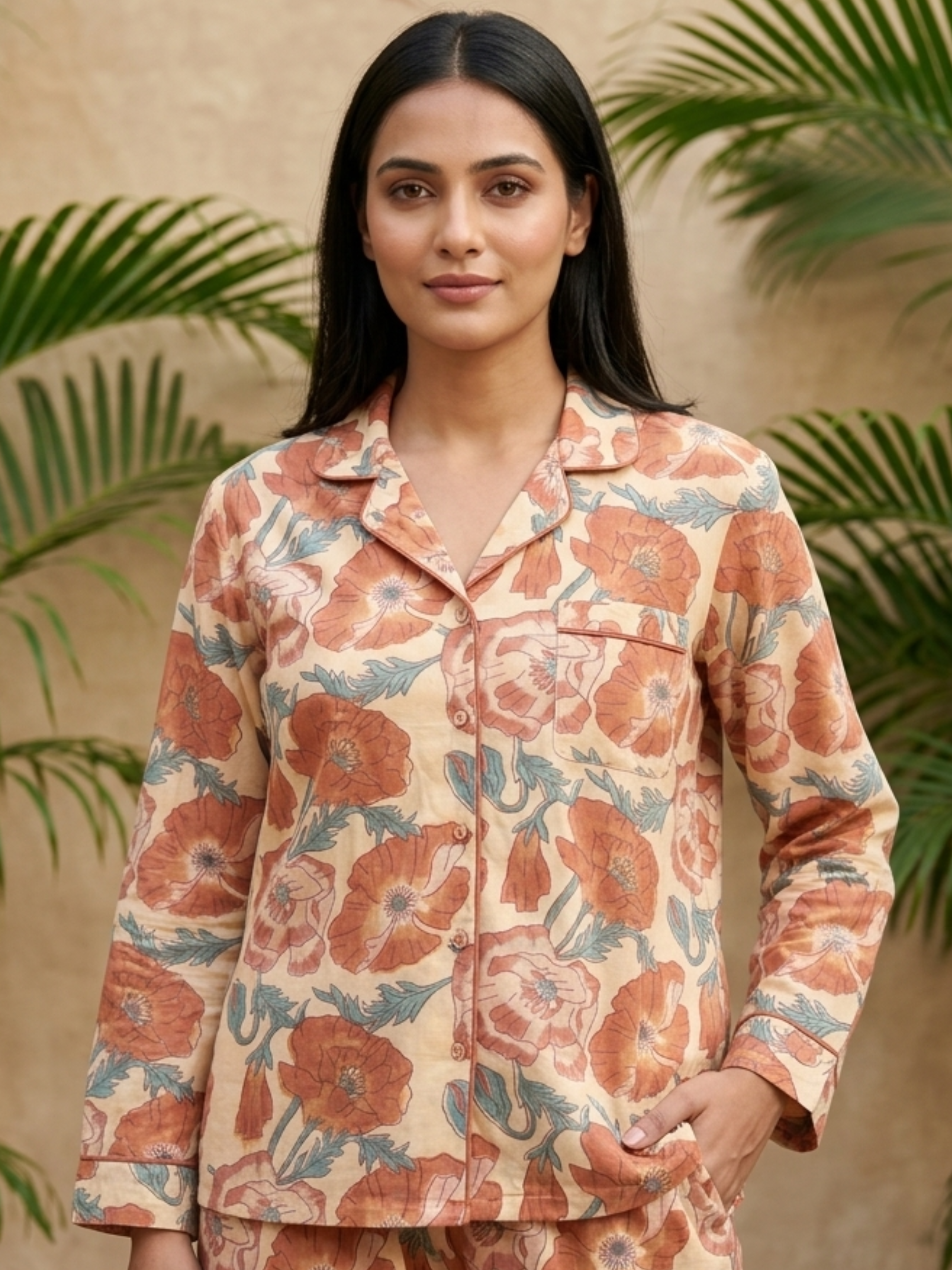 Terracotta Poppy Block Print Pyjama Set