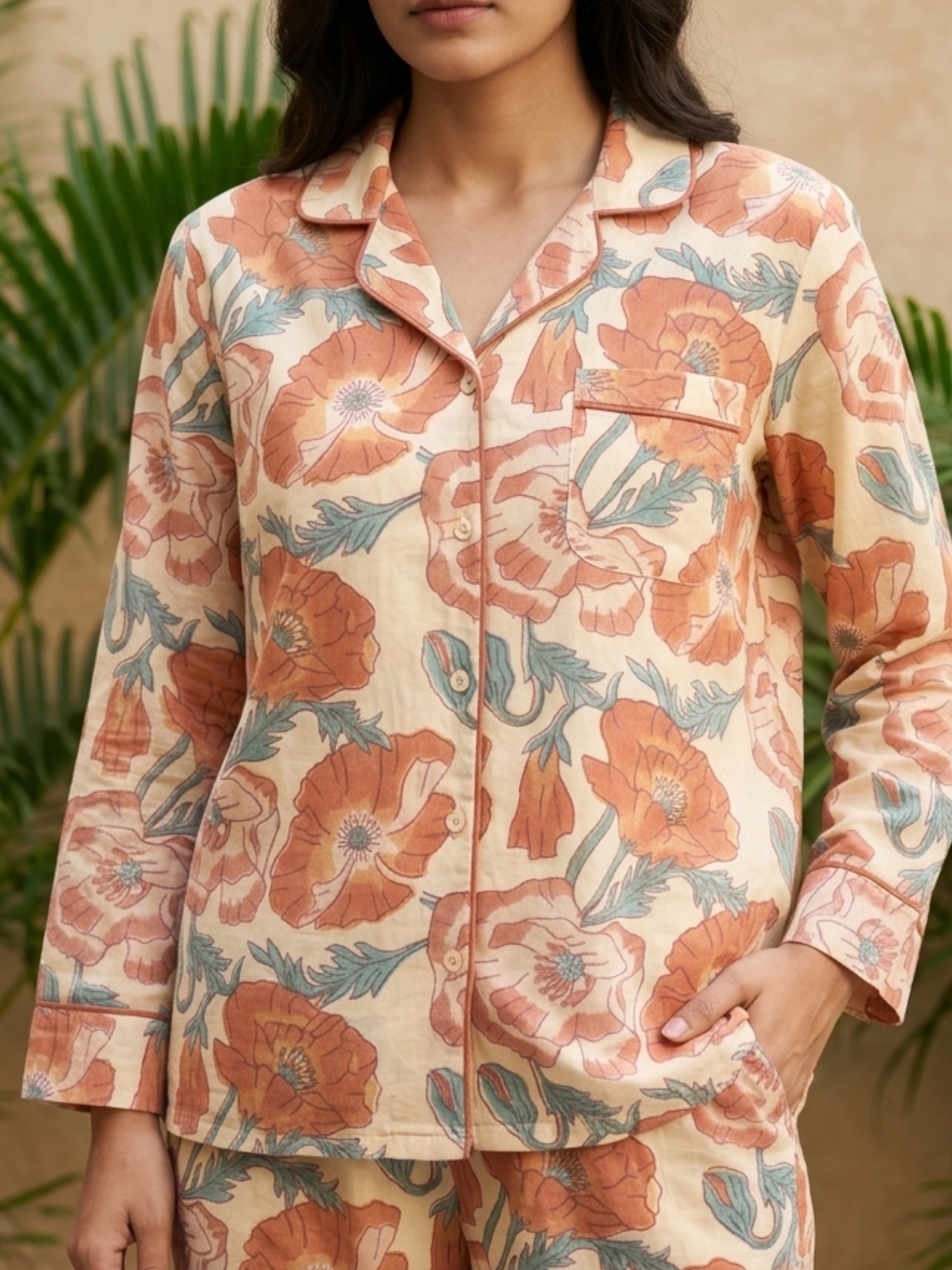Terracotta Poppy Block Print Pyjama Set